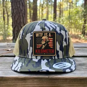 WTF Is A Kilometer Camo Trucker Hat – Funny Patriotic Flat Bill Snapback Cap, USA Flag Mesh Hat, Gift for Men