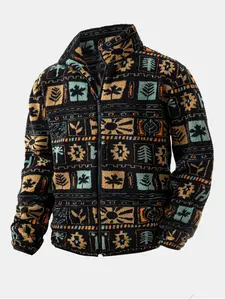 Men's Casual Fleece Jacket, Two-Sided Plush Print Ethnic Style Long Sleeve Zipper Coat, Men's Soft Lining Outerwear, Fashionable Daily Wear