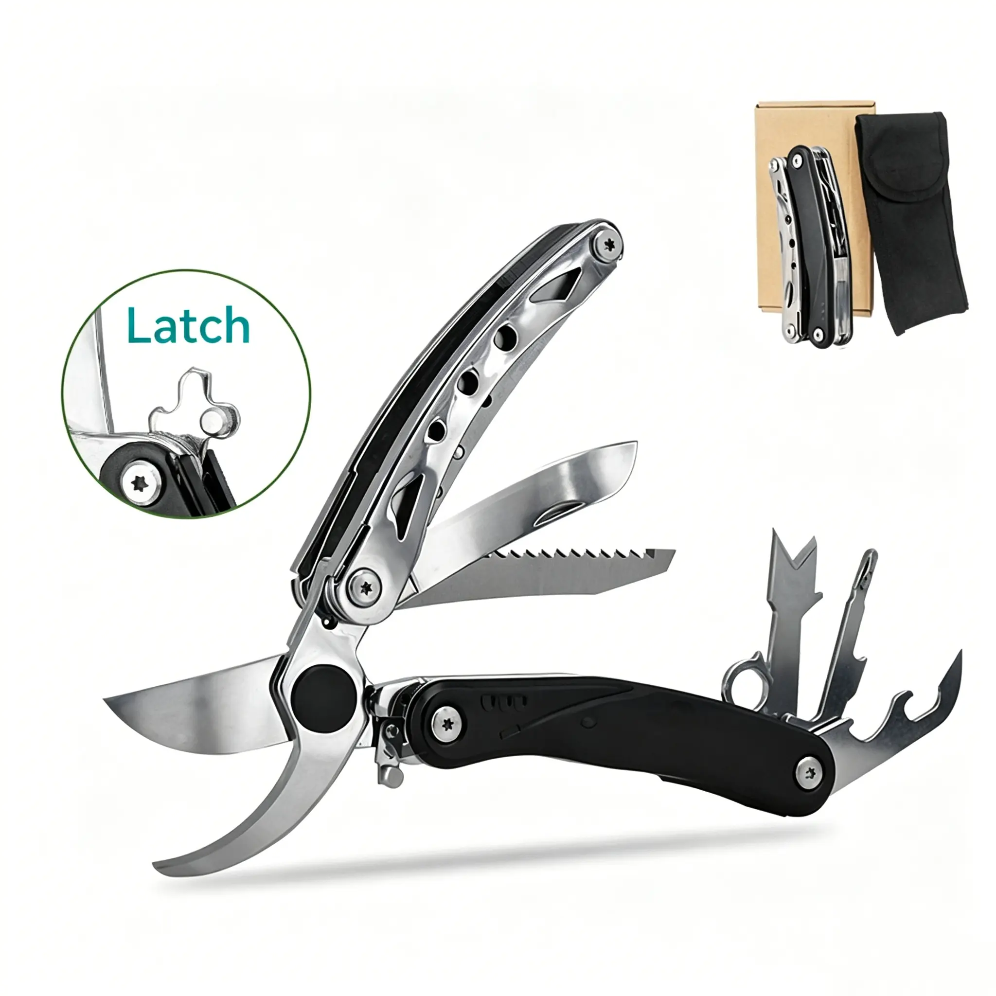 VerveWave 8 In 1 EDC Multitool Garden Shears, With Knife, Saw, Bark Shovel, Threading Hole, Screwdriver, Bottle Opener, Can Opener, Ideal Gift for Men Women