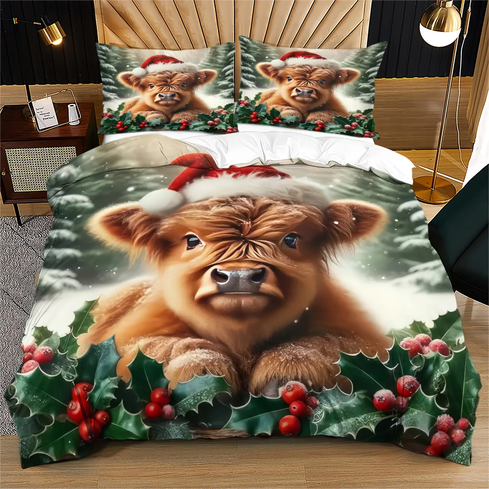 2/3 Piece Christmas Edition Highland Cattle Print Duvet Cover Set, Bedding Set, Cute and Festive Cow Baby Wearing Christmas Hat With Green Plants, Happy Christmas Carnival, Bed Sets