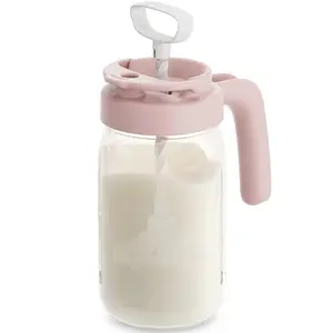 Papablic Glass Formula Pitcher, Fast Baby Breastmilk Maker with Mixing Handle Lid, Wide Mouth Mason Jar Breast Milk Storage Container with Flip-Lock Spout, BPA-Free, Pink