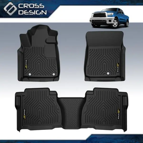 CROSSDESIGN All Weather TPE Car Floor Mats - Black 3-Piece Set, Raised Edge Waterproof Stain Resistant, Front+Back Coverage, Fit 2007-2011 Toyota Tundra CrewMax/Double Cab, Car Accessory Truck Accessories