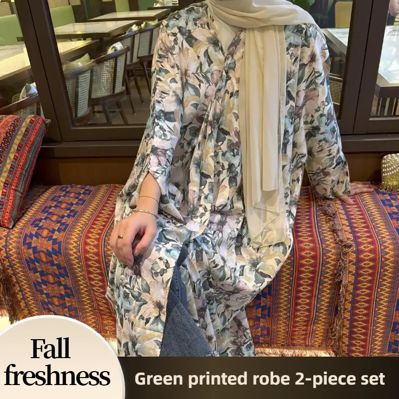 【FallFreshness】CL69-3 Mint Blossom Modest Maxi dress - 2-piece flower abaya with cream hijab,Fashionweek