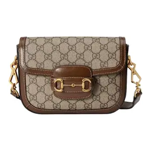 Gucci Horsebit 1955 Saddle Bag with Retro Gold Buckle and Logo Striped Webbing in Ebony and Beige Canvas and Leather for Men and Women