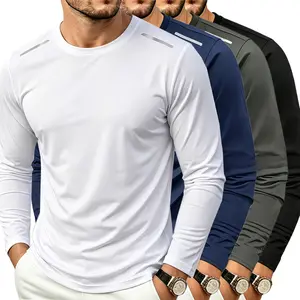 Quick-drying, breathable polyester fiber | Men’s solid-color crew neck long-sleeve T-shirt — lightweight sports top for casual fitness and outdoor activities; suitable for running and outdoor activities