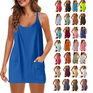 Women's Athletic Sleeveless Mini Dress with Built-in Shorts Summer V Neck Spaghetti Strap Short Spring Tennis Dress with Pockets