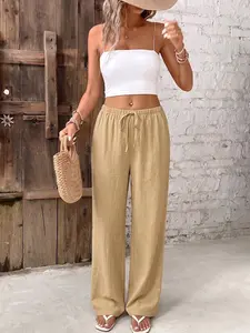 Women's Adjustable Drawstring Linen Beach Pants Bottom, Elegant Casual Shorts for Parties, Camping, Travel, All Seasons, Natural Fit, Ankle Length