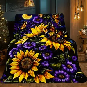 Sunflowers and Butterflies Blanket- Soft and Warm Purple Flannel Blanket 60*80''