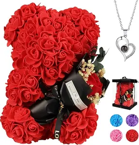 Valentines Day Gift for Her Rose Bear Gift Set with Bouquet I Iove You Necklace