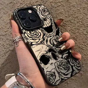 Clear Black IMD Case with Skull Rose Design for iPhone 17 16 Pro Max, 11, 12, 13 Pro Max, 14 Pro Max and 15