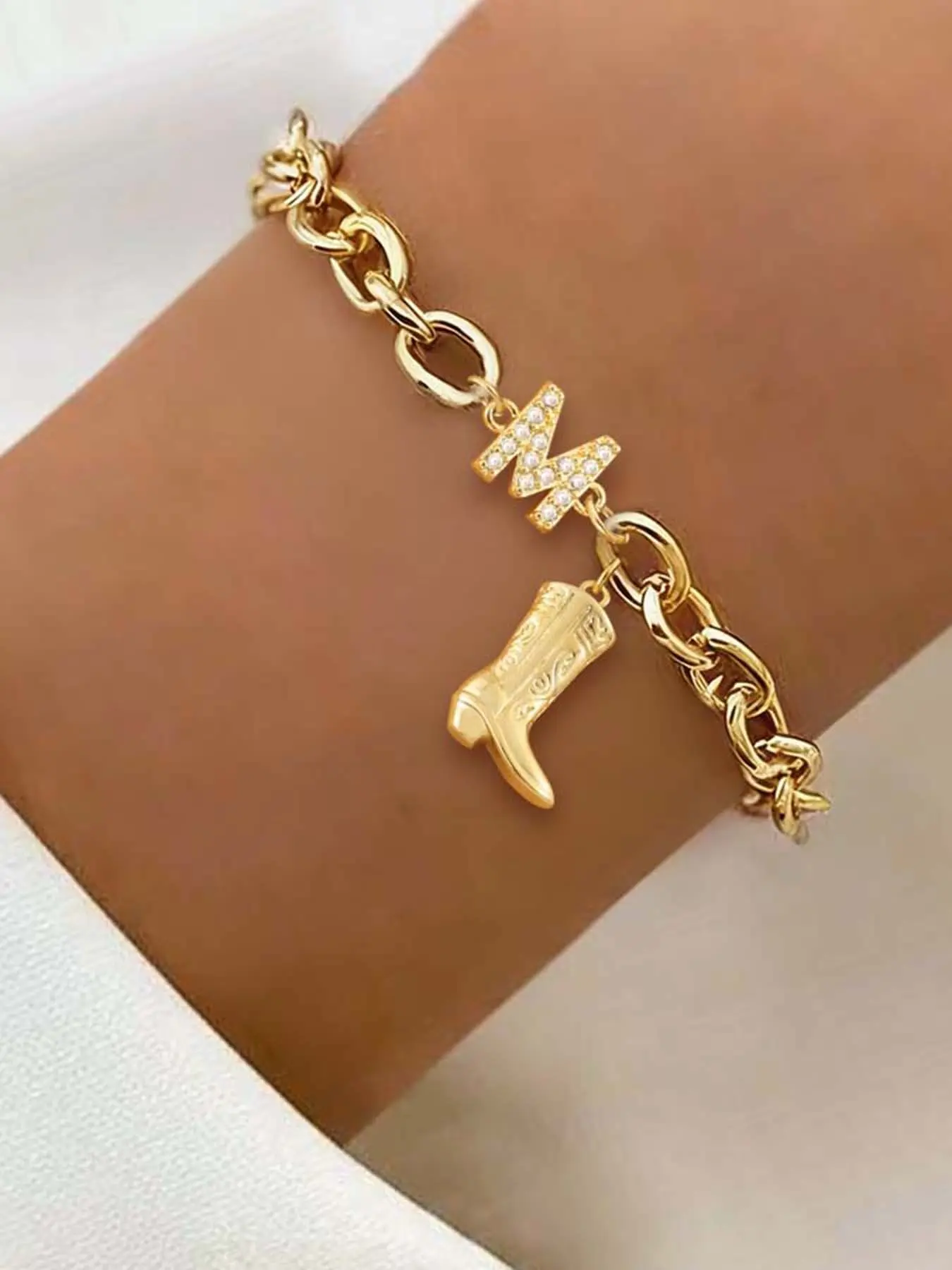 Women's Western Cowboy Boot Initial Pendant Bracelet, Vintage Stainless Steel Chain, Casual Style, All Seasons
