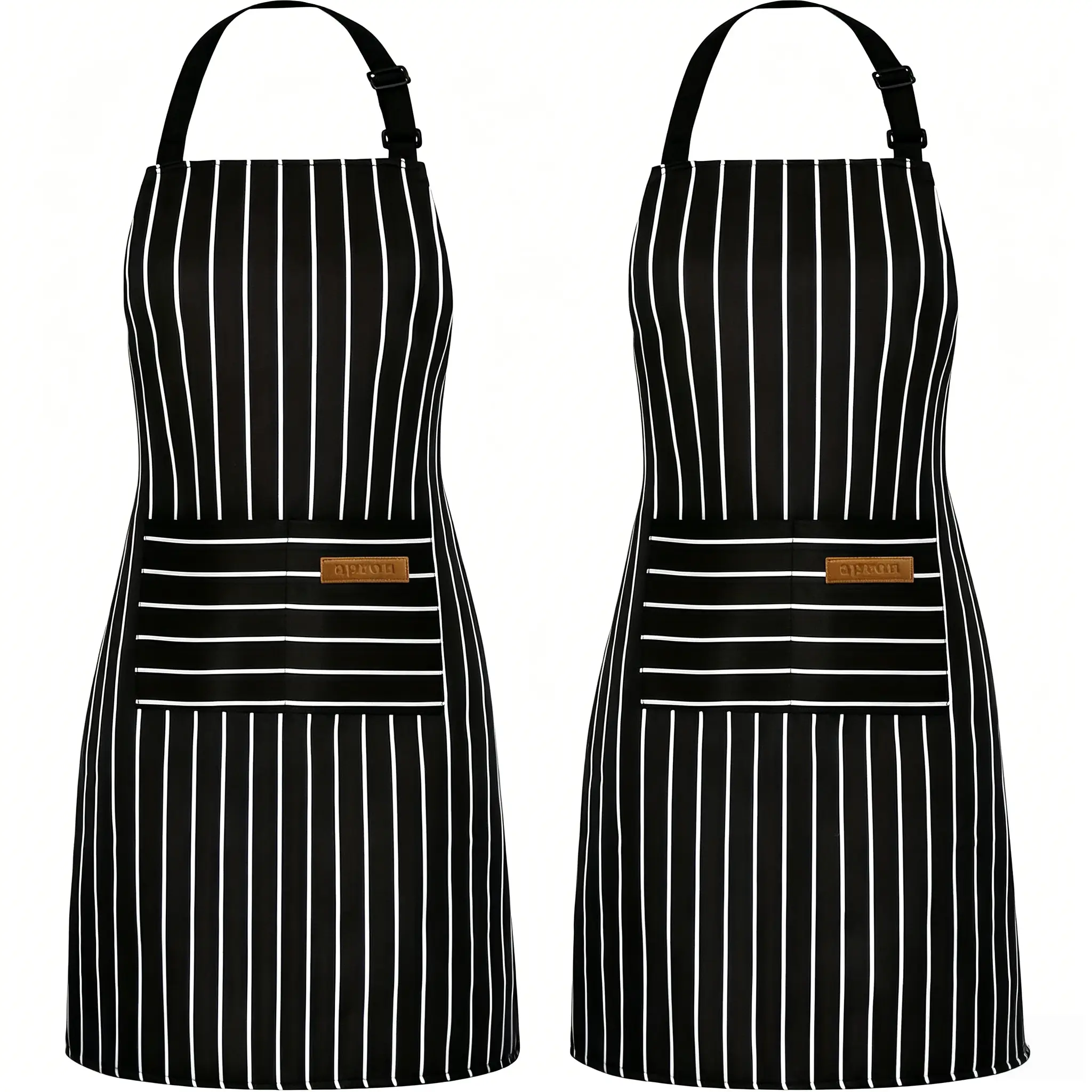 Unisex Comfortable Multifunctional Stripe Chef Apron Set - 2-Piece Adjustable Black Bib Apron with Pockets, Kitchen Linens for Home Baking, Dining