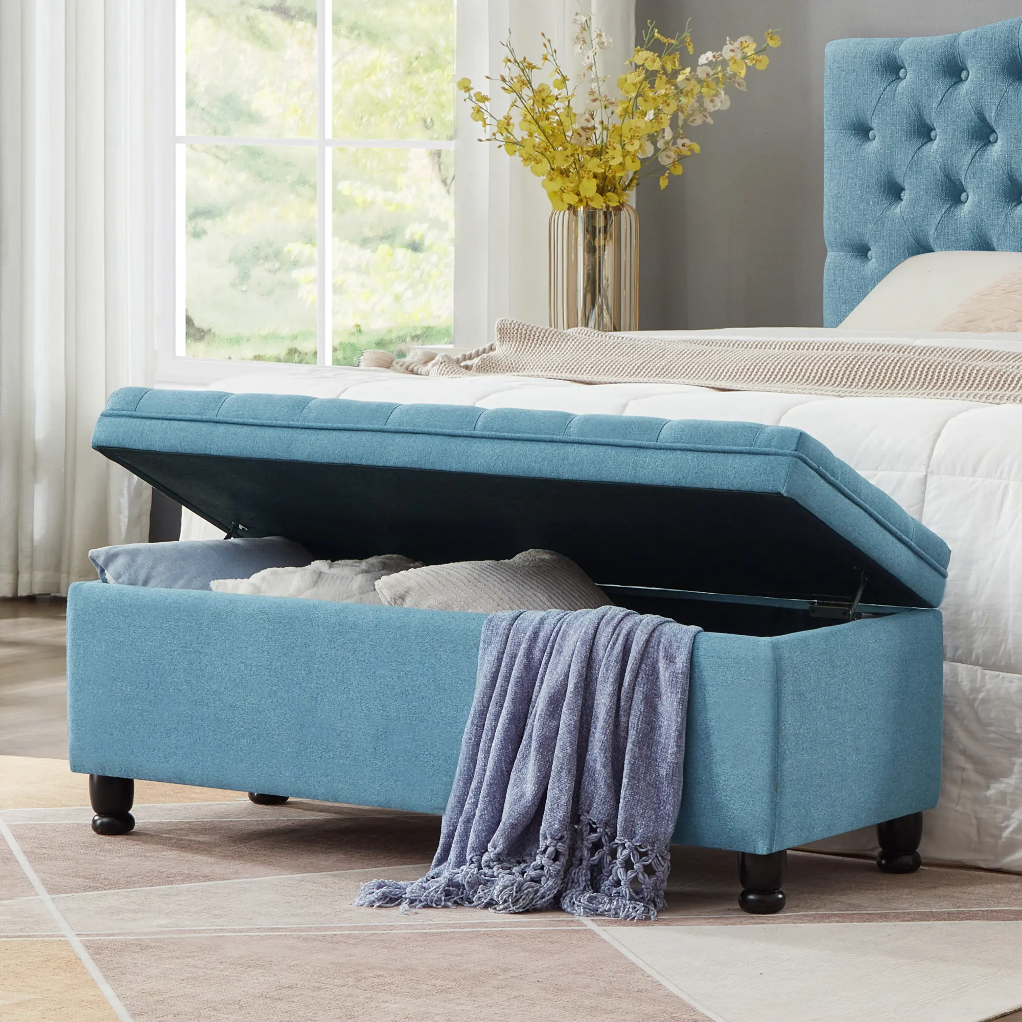 Storage Ottoman Bench, 45" End of Bed Storage Bench, Linen Fabric Upholstered Tufted Button Storage Bench with Spindle Wooden Legs for Bedroom, Living Room, Light Blue