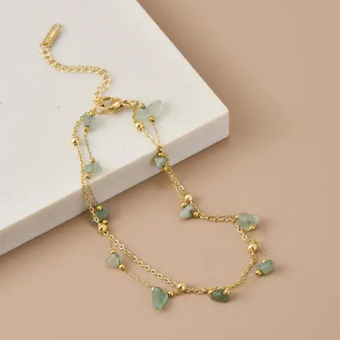 Women's Dainty Double-Layer Natural Chip Stone Stainless Steel Anklet, Adjustable Summer Beach Foot Jewelry, Natural Stone Foot Chain, Bohemian Layered Ankle Bracelet Gift for Women, Boho Anklet