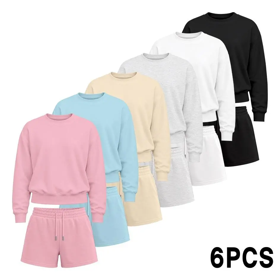 Women's 2-Piece Matching Crew Neck Long Sleeve Pullover Sweatshirt & Drawstring Shorts Set - Soft, Comfortable, Breathable, Minimalist Loose Fit Casual Loungewear for Spring Fall Daily Wear (Black+Light Gray), Longsleeves