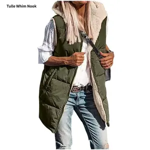 Women's Army Green Reversible Vest with Pockets and Hooded Zipper Long Coat, Machine Washable Simple Top