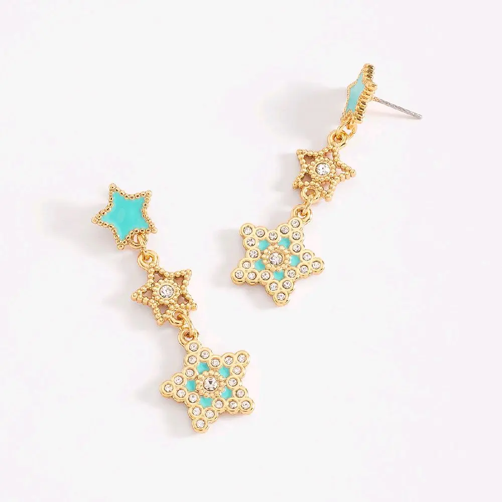 4 Layers 18k Gold-Plated Long Earrings with Synthetic Star Charms & Turquoise Enamel Accents Linear Design Post Earrings