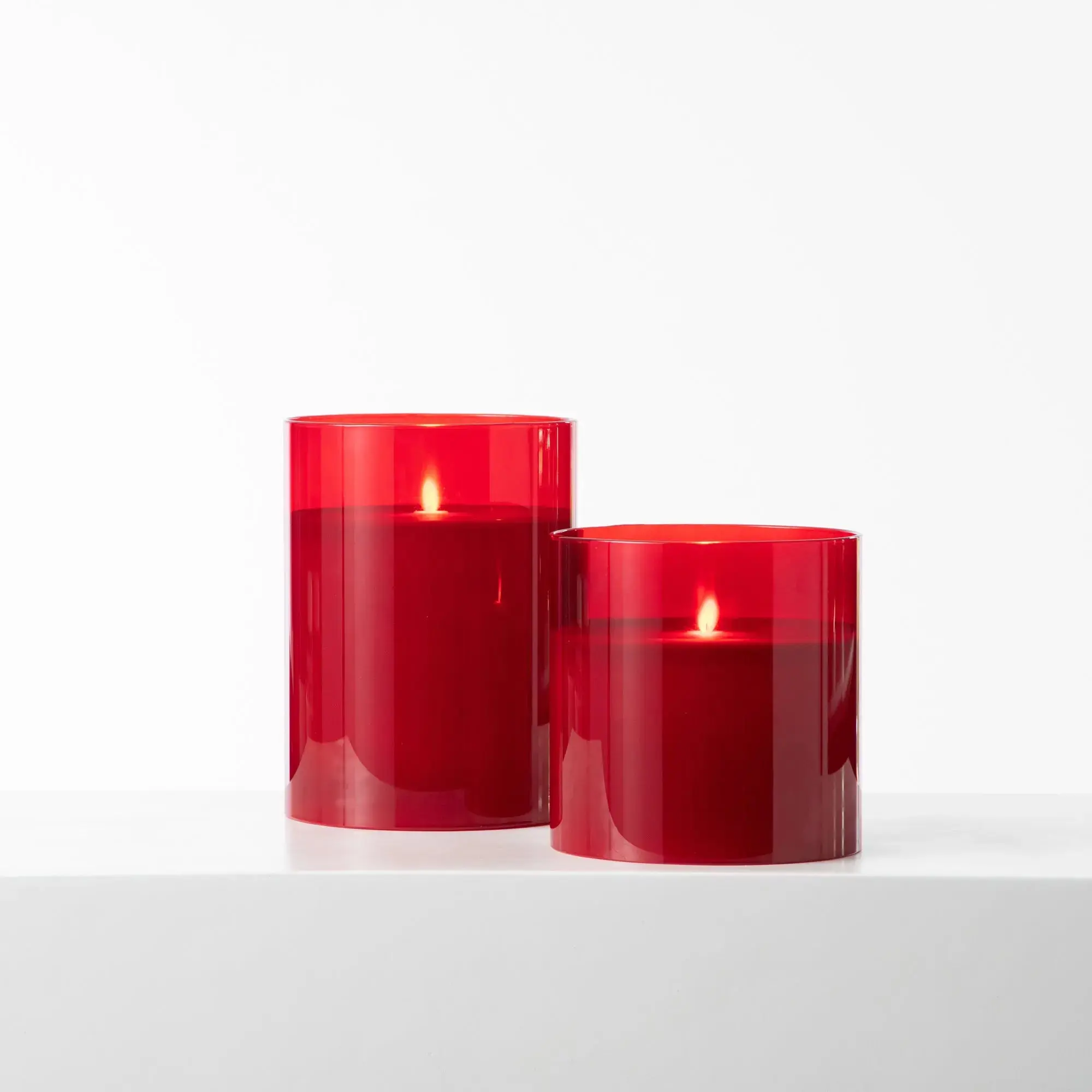 High Quality Flameless Candles - Large Cylinder Pillar Red Glass Real Wax LED Candles with Flicker Effect, Remote Control, Ambient Style, Batteries, 3 Multi-Size Options, Set of 2