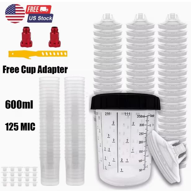 50pcs Disposable Paint Spray Gun Cup Liners And Lid System with 50pcs Paint Cups with Lids, Hard Cup with Retainer Ring, 2 Cup Adapter, Paint Stirrer, for Automotive Paint Gun