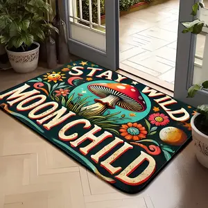 Hippie Mushroom Star Moon Floral Rug, Soft Comfortable Entrance Door Mat, Non-Slip Bedroom Living Room Kitchen Carpet, 0.8cm Flannel Material, Boho Floral Rug