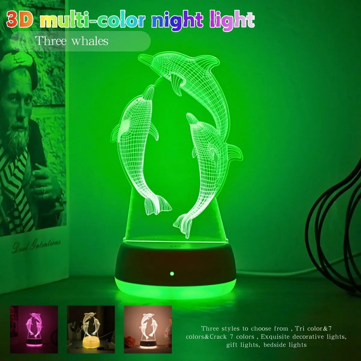 Modern Geometric Whale Effect 3D Night Light, USB Powered, RGB 7 Color & 3 Color Changing, Perfect for Bedroom, Home Decor, Holiday Gifts