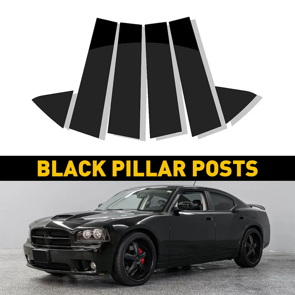 Piano Black PC Plastic Peel & Stick Scratch-Resistant Pillar Post Cover Set (6pc) for Dodge Charger 2006-2010, 2011-2021 - Car Door Window Trim Accessory with Door Protection