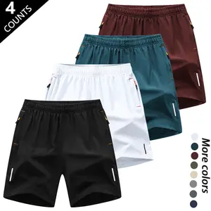 Men's Four-Pack Athletic Shorts Summer Casual Sports Ice Silk Quick-Dry High Stretch Breathable Cool Feel Elastic Waistband Anti-Snag Zipper Pockets Reflective Strips for Night Running Wrinkle-Resistant Pilling-Free Menswear Trouser
