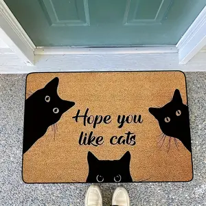 Durable Entryway Floor Mat, Dirt & Water Absorbent, Non-Skid Bottom, Stain Resistant. Playful "Hope You Like Cats" Typography with Peeking Cat Design, Ideal for Front Door & Mudroom Use
