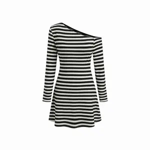Cider Striped Asymmetrical Neck Long Sleeve Mini Dress Dealsforyou