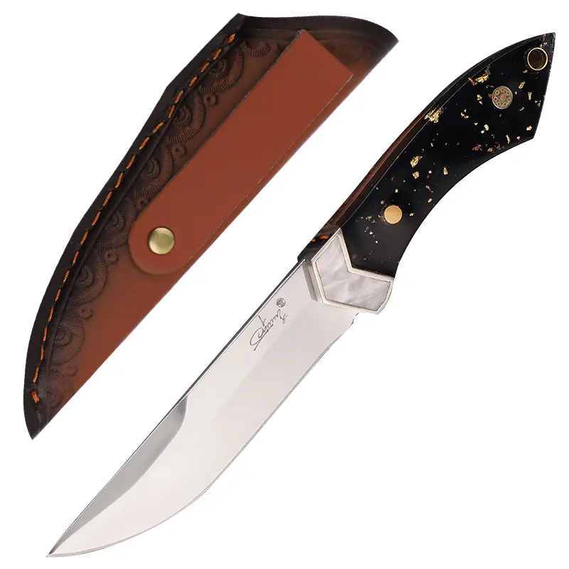 High Hardness Stainless Steel Chef's Knife - Handcrafted Gold Accent Handle, Polished Mirror Blade, Protective Leather Sheath, Portable Cooking Knife for Meat, Vegetables, Cooking Knives, Knives