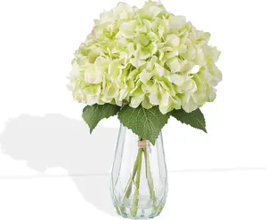 5-Piece Artificial Hydrangea Arrangement in Glass Vase - Fade-Resistant Silk Flowers with Faux Water for Table Centerpieces-Green