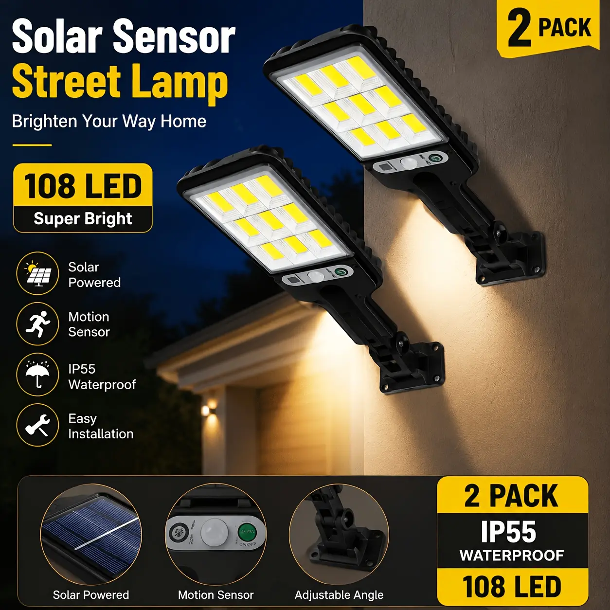 Solar Pathway Lights (2-Pack), 108 LED White IP55 Waterproof Flood Lights, Festive Decor Gifts for Thanksgiving Christmas New Year Home Supplies (for Gardens)
