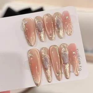 【Lucy U】 Luxurious Nude Pink With Gold Foil & Rhinestone Decorated Press On Nails, Elegant Long Stiletto Fake Nails For Women, Chic Artistic Wearable Nail Tips For Evening Events, Wedding & High-End Fashion, Salon-Quality Acrylic False Nails