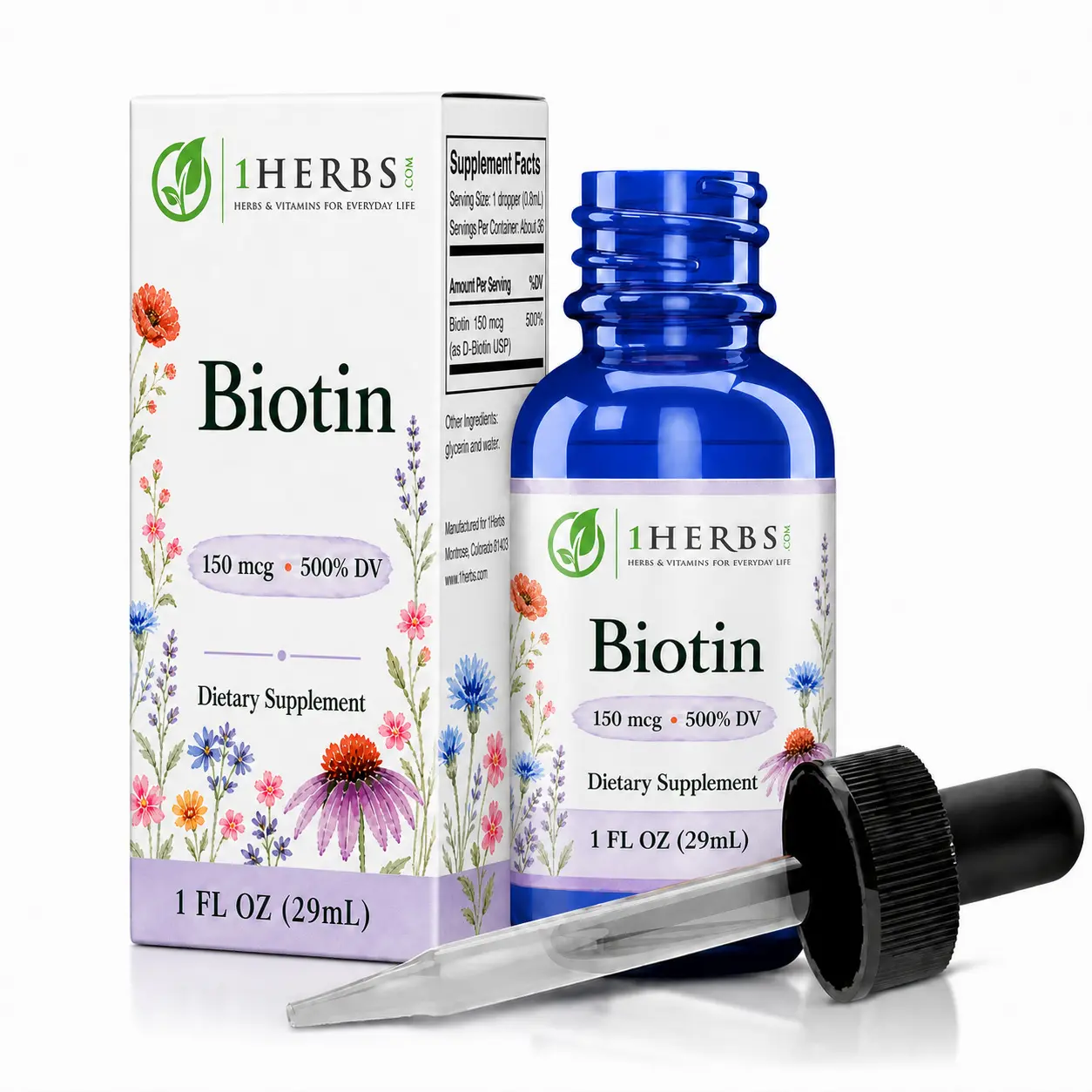 1Herbs Liquid Biotin Vitamin B7 Drops, 500% Daily Value, Alcohol-Free Vegan Supplement, 1 fl oz