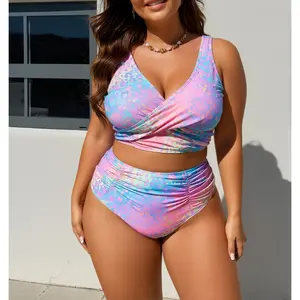 Women's Plus-Size High-Waisted 2-Piece Bikini, Tummy Control Bathing Suits, Sports & Outdoor Vacation Swimwear, Comfortable Swimsuits  , Bathing Suits Tummy Control,summervibes summervibesuits outdoorfun