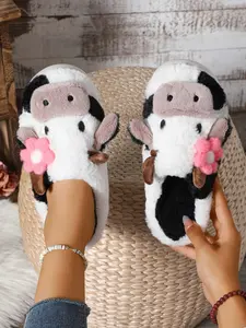 Women's New Fashion Cartoon Cow Head Indoor Outdoor Cotton Slippers, Plush Home Shoes, Winter Casual Warm Household Footwear, House Slides