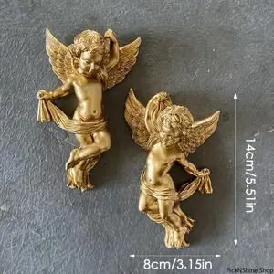 Vintage Golden Angel Statue Wall Decor Art Sculpture Elegant Hanging Decoration Suitable For Living Room Hallway And Entryway Back Hooks Design For Easy Installation Ideal For Sophisticated Home And Room Interior Display