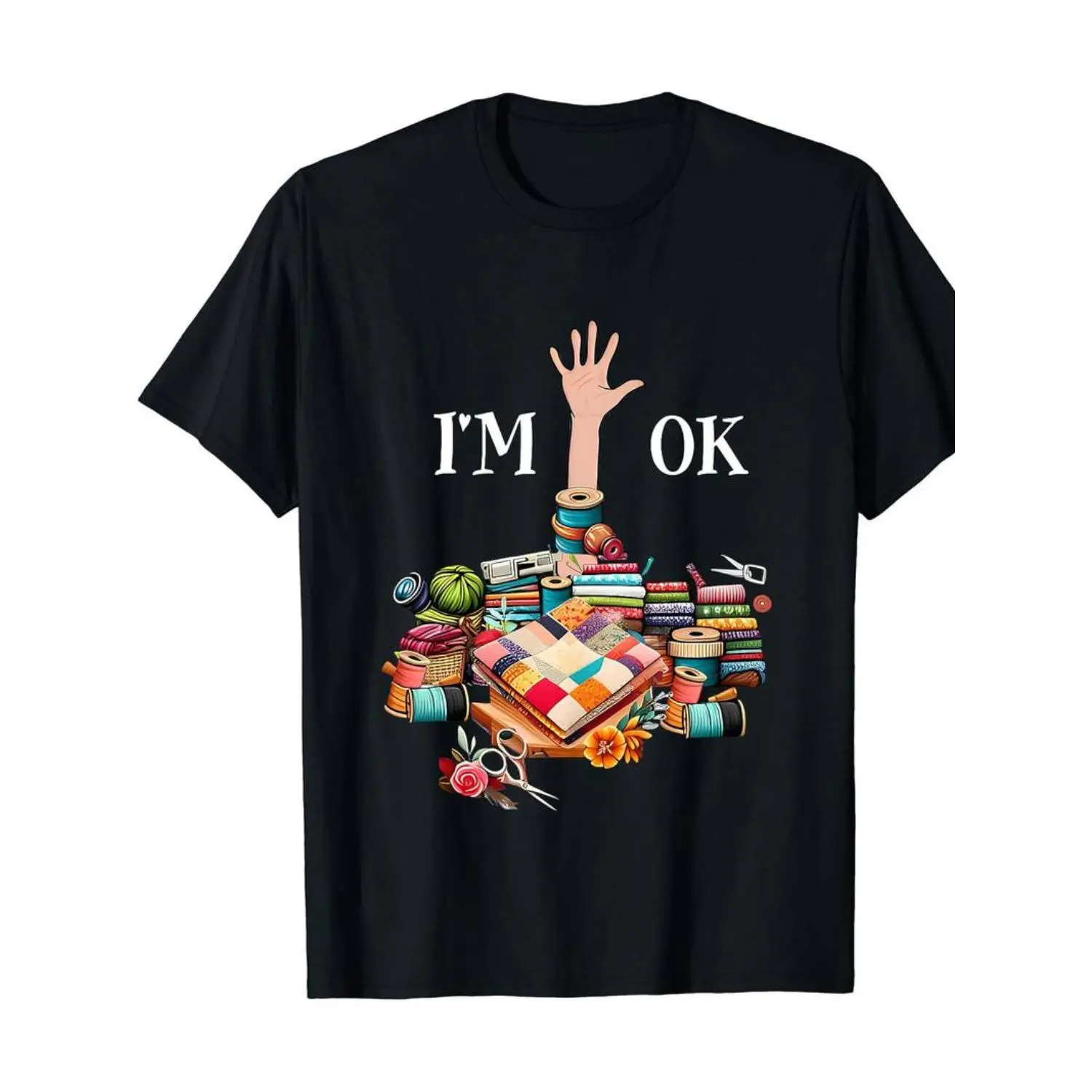 Summer t Shirts Women's Cotton T-Shirt with "I'm Ok" Sewing Quilting Print, Casual Crew Neck Short Sleeve Tee for Knitting & Quilters, All-Season Regular Fit Top