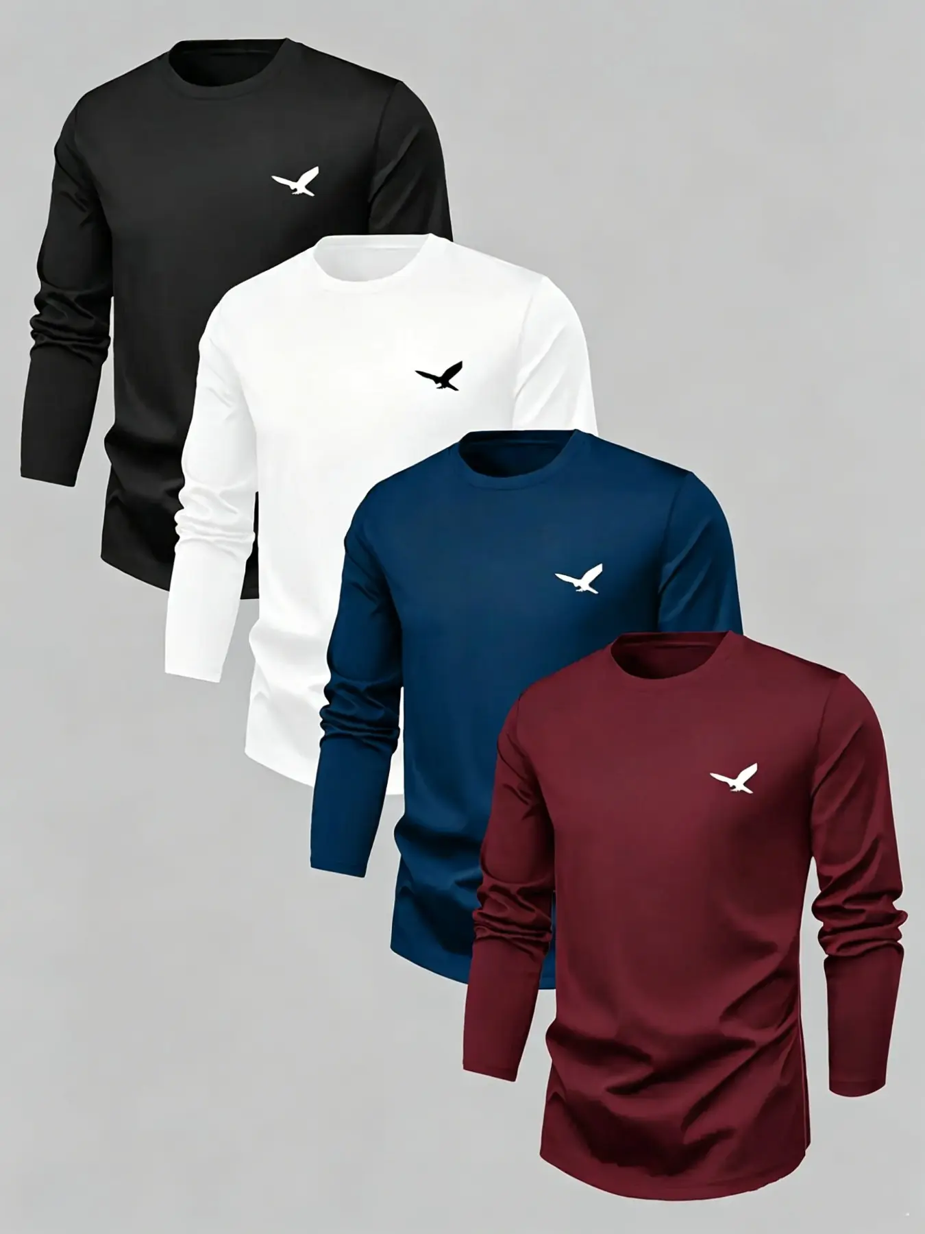 Men's Long Sleeve Round Neck Crewneck T-Shirt Set, Soft Knit Winter Warm Base Layer, Eagle Logo Print, Breathable Layered Tee, Casual & Formal Wear, Thermal Top, Thermal Menswear