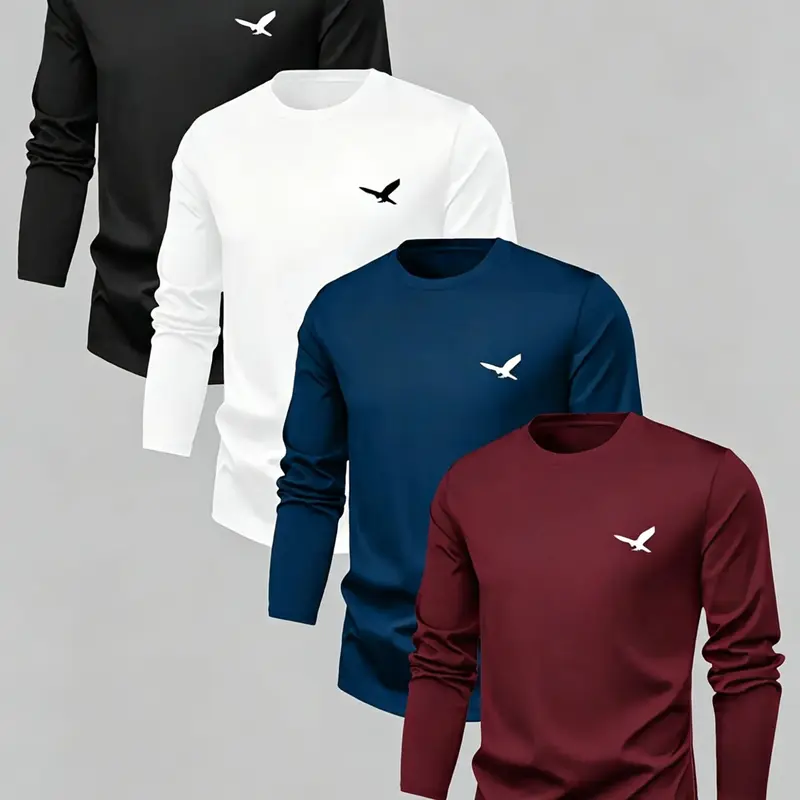 Men's Long Sleeve Round Neck Crewneck T-Shirt Set, Soft Knit Winter Warm Base Layer, Eagle Logo Print, Breathable Layered Tee, Casual & Formal Wear, Thermal Menswear Clothing