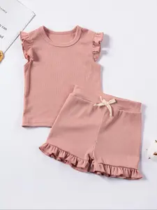 Toddler Girl's Butterfly Sleeve Top & Bow Decor Ruffle Shorts Set, Summer Clothes, Cute Two-piece Outfits for Summer, Kids Clothes for Daily Wear