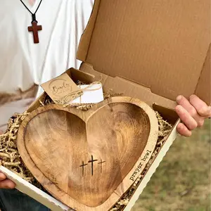 Wooden Heart Shaped Prayer Bowl with 24 Prayer Cards, Handcrafted Vintage Prayer Bowl with Cross Pattern & Letter Pattern, Religious Decorations, Christian Ornaments, Church Must-Have and Prayer Tools, Home Decor, Valentine's Day Gifts, St. Patrick's Day