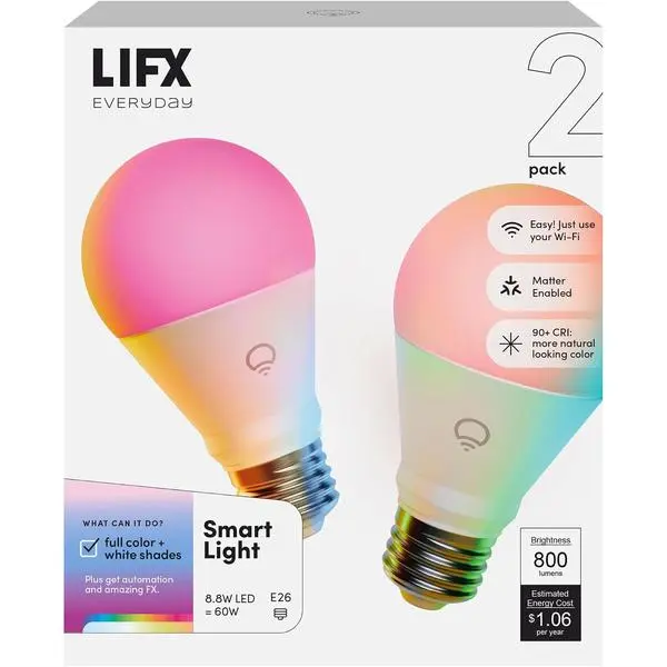 LIFX Smart Light Bulbs A19 - RGB Color Changing, 800 Lumens, Matter 2-Pack | Compatible with Alexa, Apple Homekit, WiFi 2.4GHz, E26, white 2700K-6500K, dimmable 60W Eq. for bedroom and lamps
