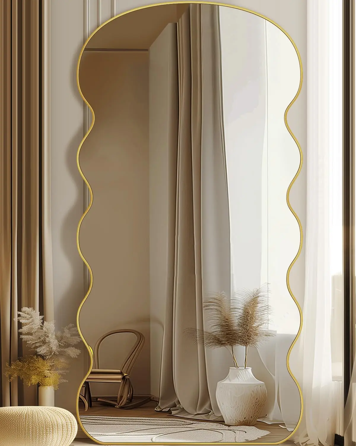 Gold Frame 76" x 34" Full Length Wavy Mirror with Stand - Versatile Mirror for Decor in Bedroom, Living Room, and Cloakroom