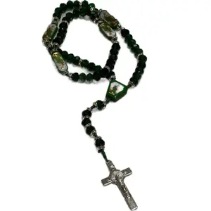 Exquisite Rosary Saint Jude or Virgin Mary Cross Pendant Mexican Necklace Braided Cord Green beads Chain Charm Accessories for Men and Women Catholic St Jude Elegant Religious