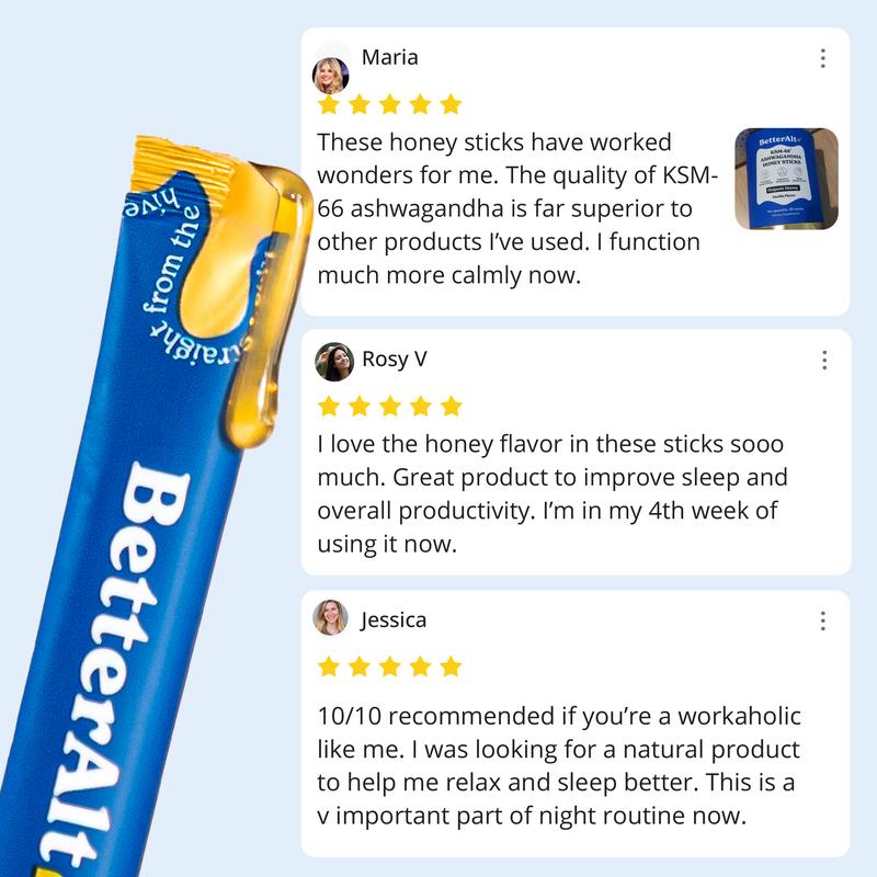 BetterAlt KSM-66 Ashwagandha Honey Sticks | Organic Multiflora Himalayan Honey | For Relaxation, Focus | 1 Month Pack Dietary Supplement