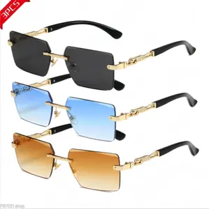 Unisex Fashionable Glasses 3-Pack Rimless Sunglasses, Gold-Tone Metal Frame, Tinted Shades, Lightweight, Sophisticated Look for Formal Events, Travel, Outdoor Fun (Black, Grey Gradient, Blue Gradient, Brown)