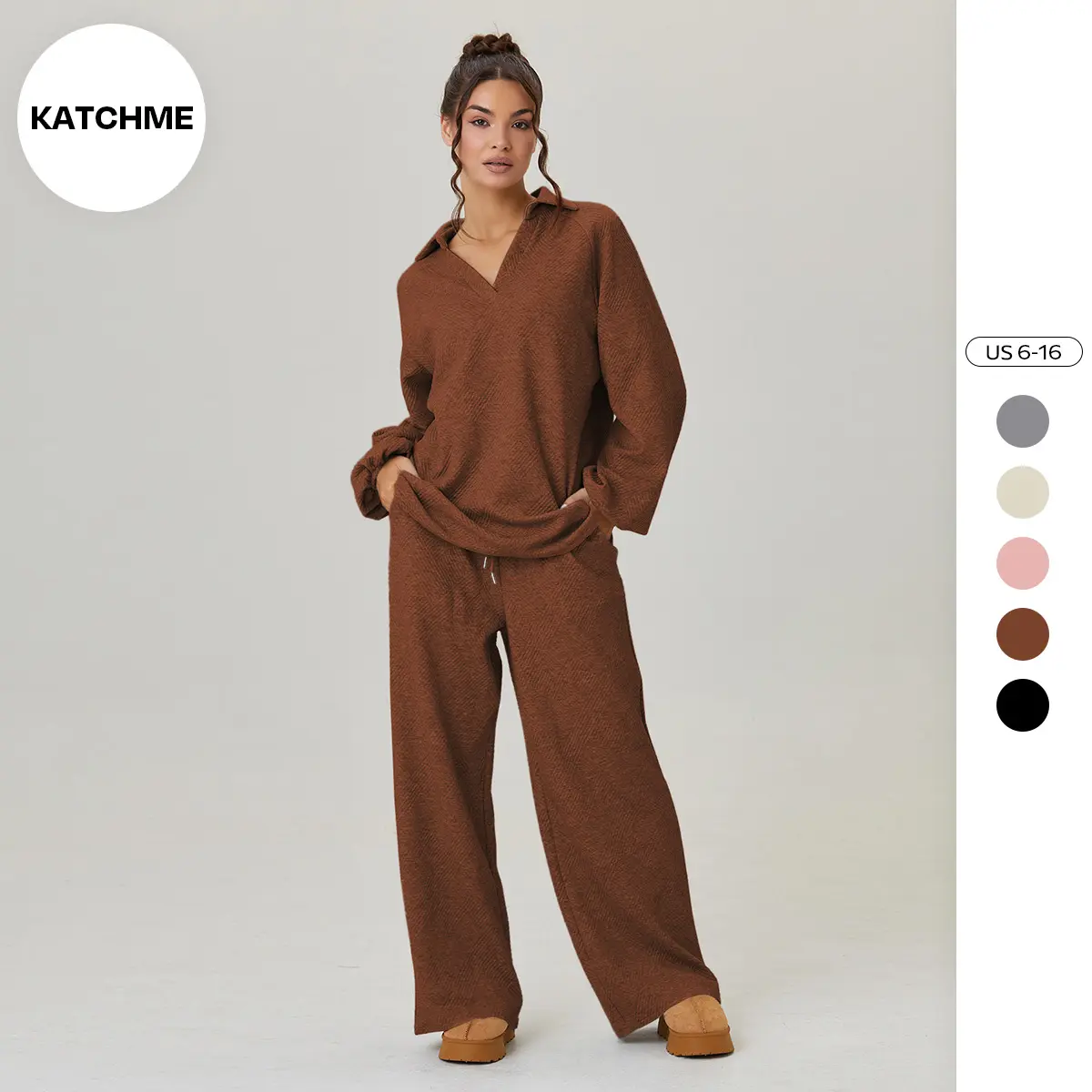 KatchMe Women's Slouchy Solid Color V-Neck Loose Textured Pullover & Drawstring Waist Trousers Co-ord, Minimalist Two Piece Outfits, Soft Womenswear