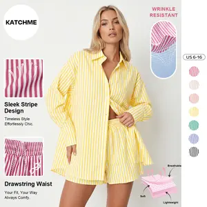 Katch Me Women's Casual Color Matching Striped Long Sleeve Shirt & Drawstring Waist Shorts Loungewear Co-ord, Lightweight Loose Two-Piece Set, Skin-Friendly Womenswear