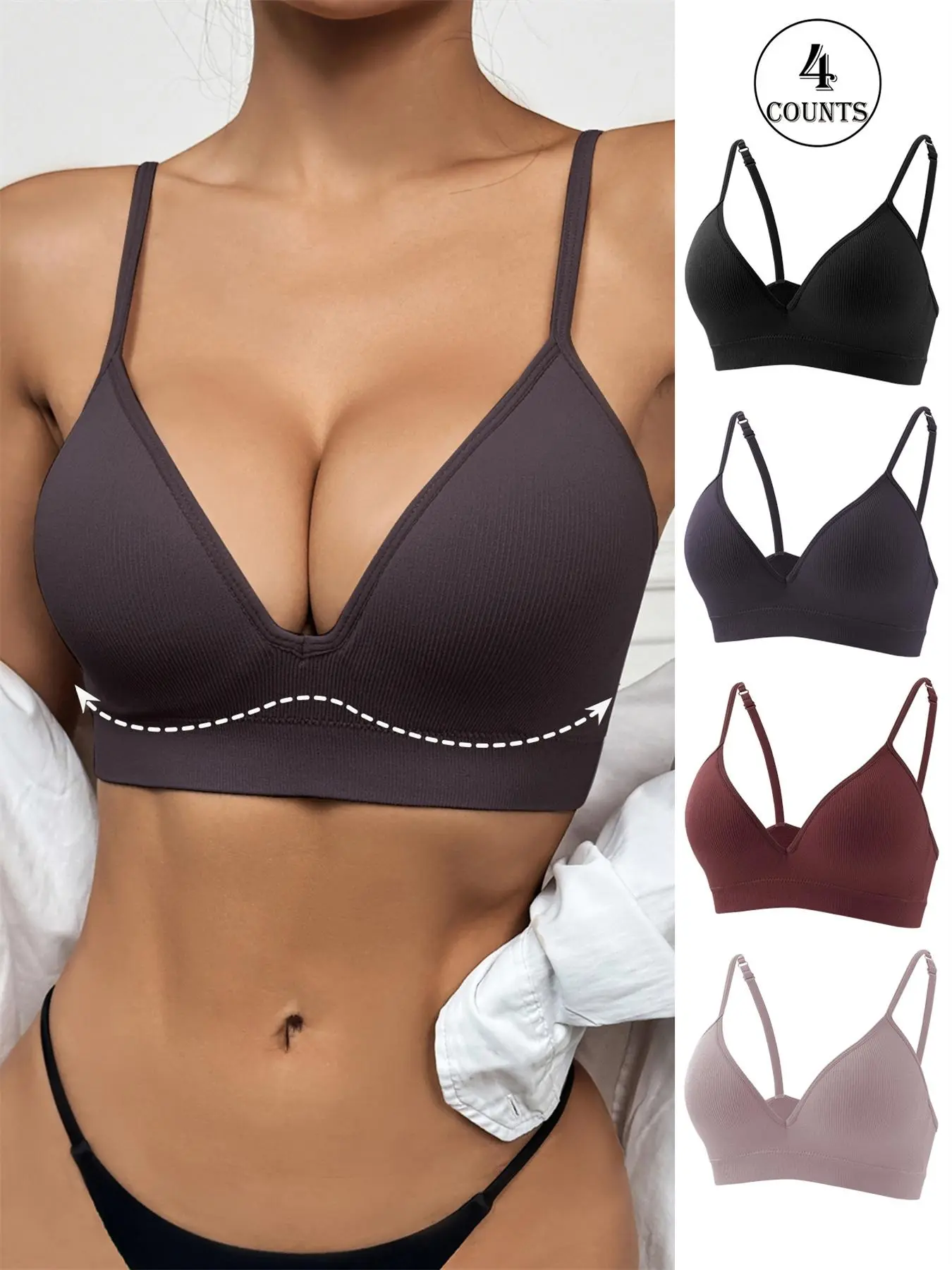 4-piece women's gathering fixed cup bra, Wireless Padded Bra, Padded Brassieres, sports thread non-removable breast pad, adjustable shoulder straps, thickened high elasticity design, and closed side breasts to prevent sagging